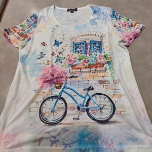 CREATION Women's White Graphic Rhinestone Bling Bicycle T-Shirt - Large